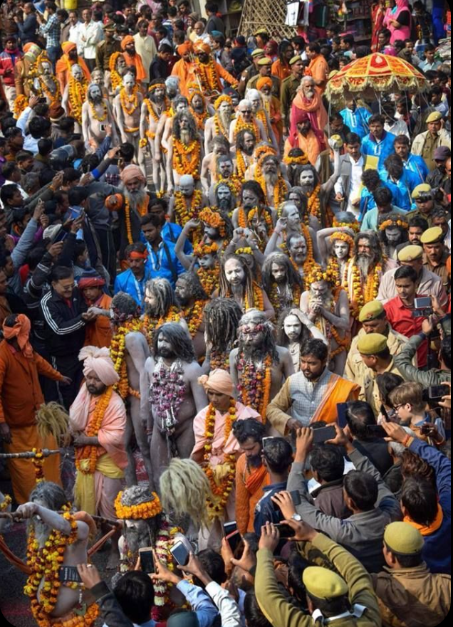 Saints performing rituals during Shahi Snan at Kumbh Mela