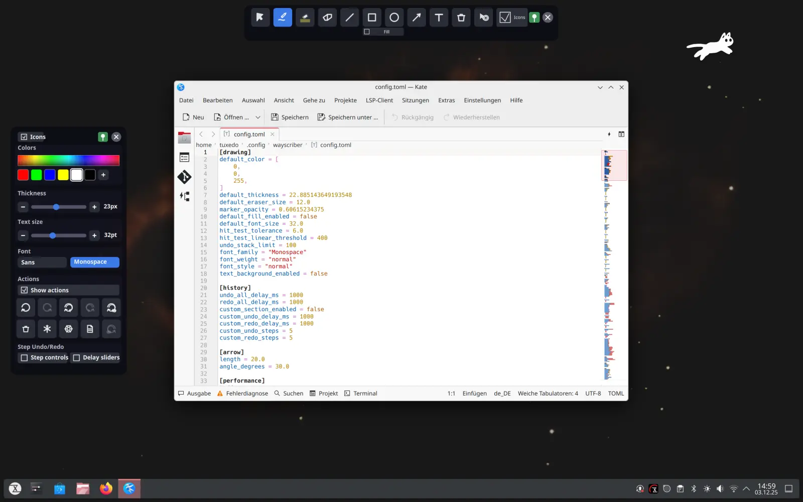 Wayscriber comes with its own configuration tool, which is not included in the Debian version. Therefore, settings are adjusted directly via the configuration file in the system.