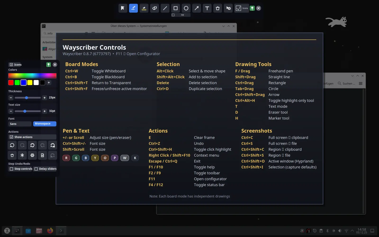 Open Wayscriber’s built-in help with F1. In practice, it’s recommended to control the tools via keyboard shortcuts for efficient workflow.