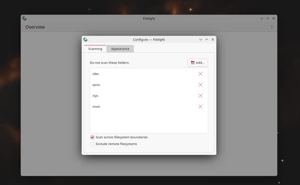 Die lys vouers wat van skandering uitgesluit moet word, kan aangepas word, sodat sekere dopgehou geïgnoreer word en netwerk- of stelselvouers nie onnodig gelaai word nie.