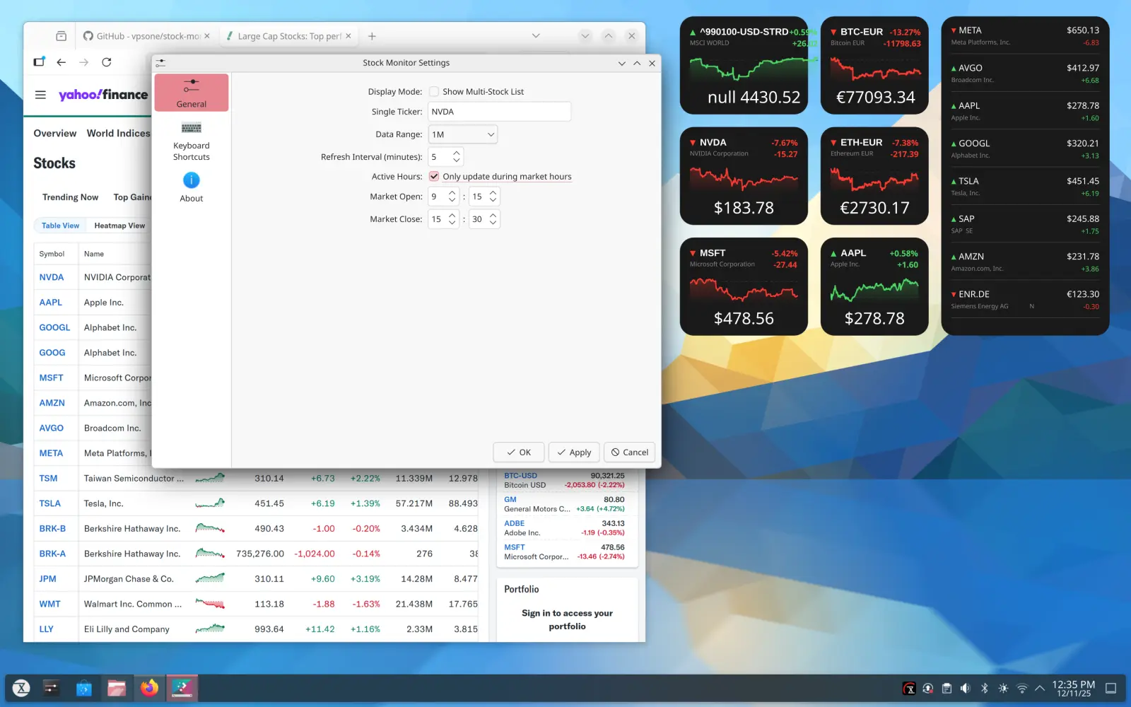 Die widget haal sy data van Yahoo Finance af en verskaf huidige waardes, insluitend kaarte en persentasie veranderinge vir die geselekteerde tydperk.