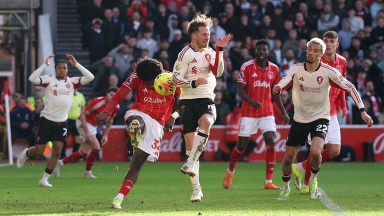 Ola Aina's clearance hits Alexis Mac Allister and bounces back into the net, only for the effort to be disallowed following a VAR review