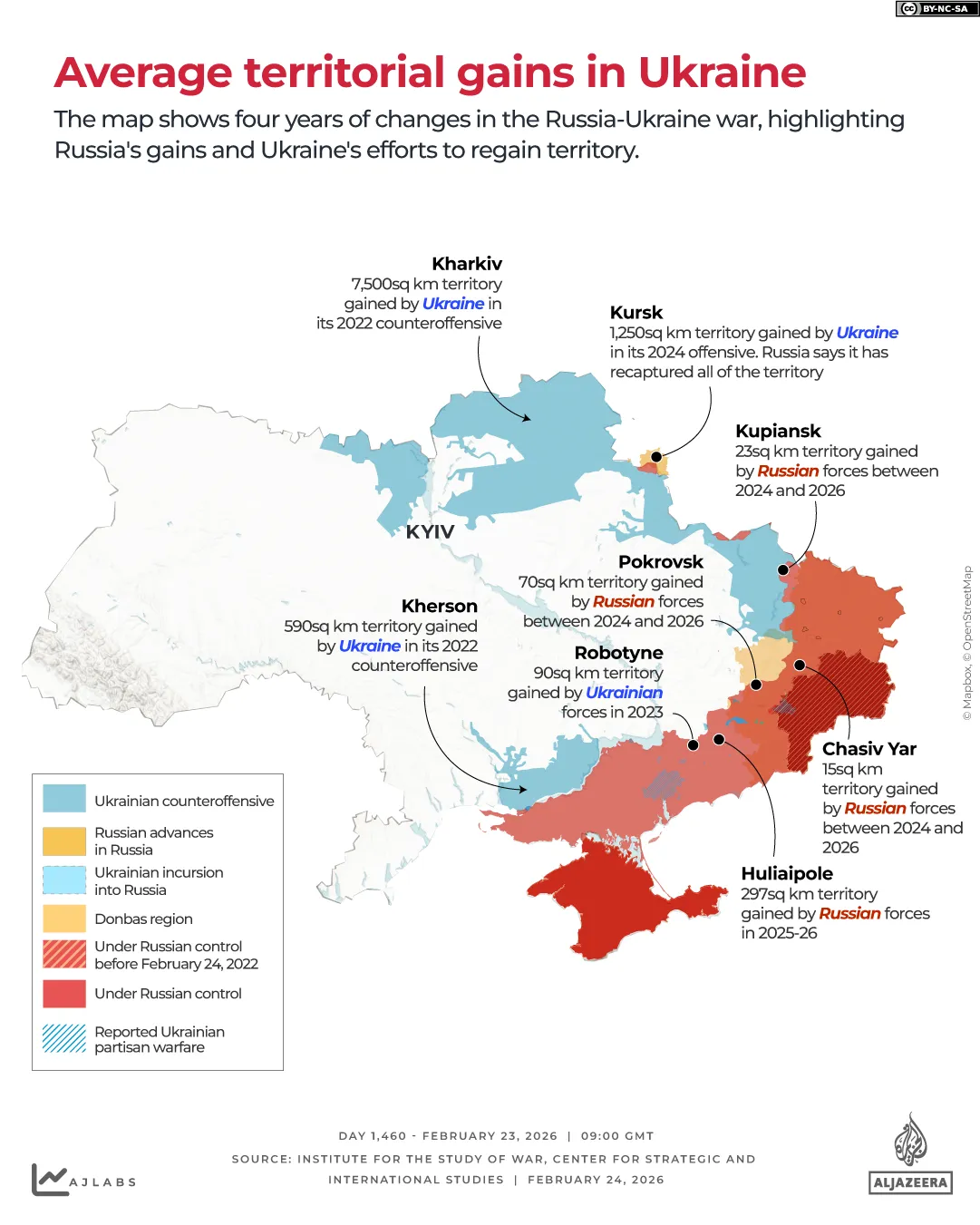 युद्ध की चौथी वर्षगांठ पर, रूस ने यूक्रेन के 20 प्रतिशत क्षेत्र पर कब्जा कर लिया है, लेकिन अग्रिम पंक्ति धीरे-धीरे बदल रही है।