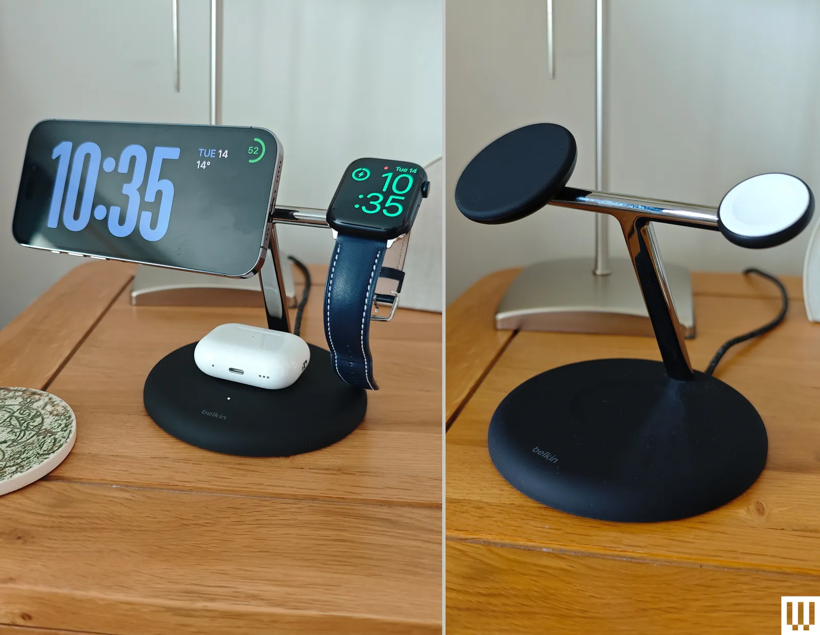 Belkin 3in1 Qi2 Charging Stand a black stand with 2 extended arms to hold devices shown on the left with a phone watch…
