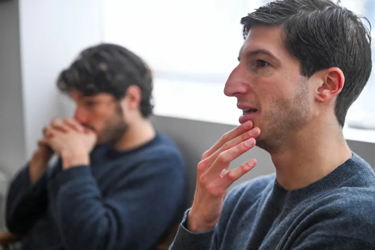 Sulaiman Khan and Kasim Khan, sons of jailed former Pakistani Prime Minister Imran Khan, attend an interview with Reuters in London, Britain on February 16, 2026. REUTERS/Jaimi Joy