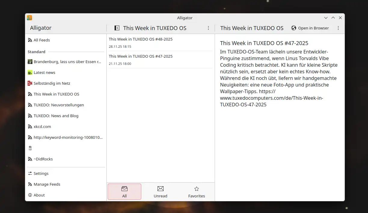 Alligator is a modern, cross-platform RSS feed reader that works well on both desktop and mobile devices, presenting content in a clear and organized way.