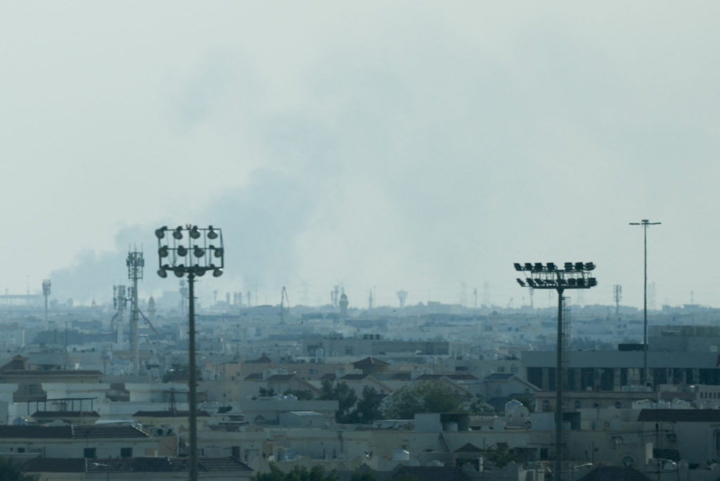 Smoke is left in the sky after reported Iranian missile attacks, following strikes by the United States and Israel against...