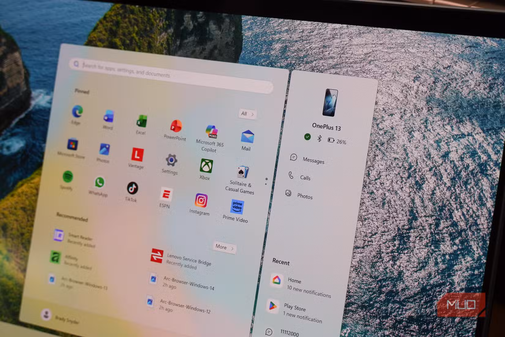 Check out a OnePlus 13 in the start menu of a Windows 11 PC.