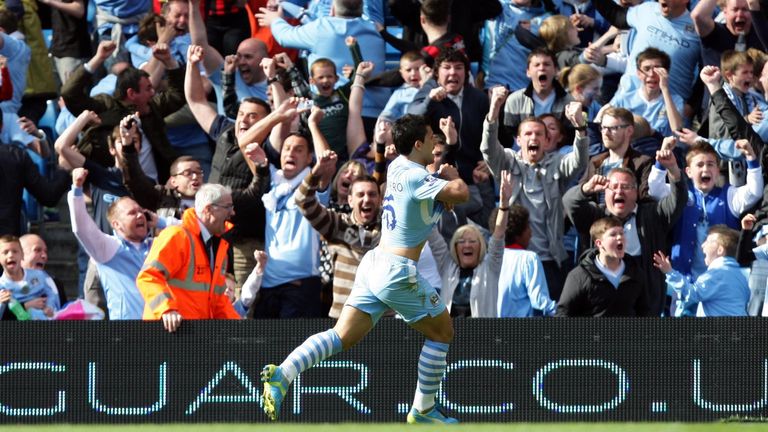 Manchester City's Sergio Aguero celebrates the third goal. This week marks 10 years since Sergio Aguero's title winner against QPR.
