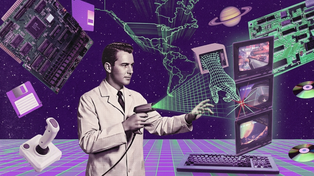 Retro-futuristic scientist using an open source AI scanner to analyze floating vintage technology and digital data streams in space.