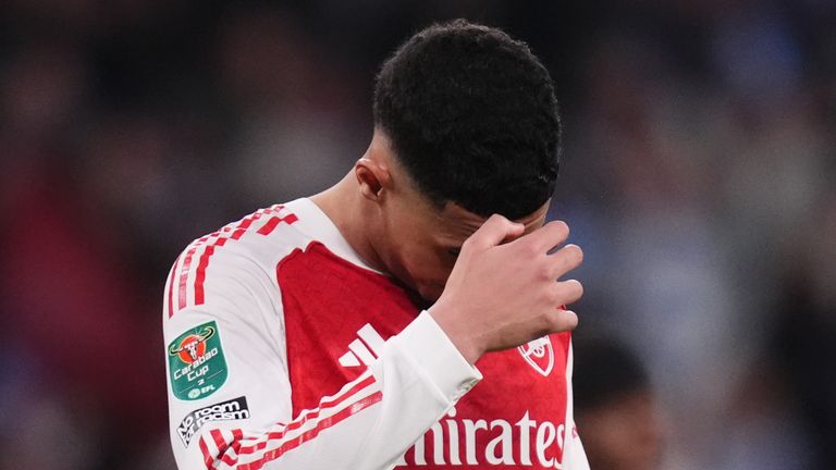 William Saliba shows his dejection during the defeat against Man City