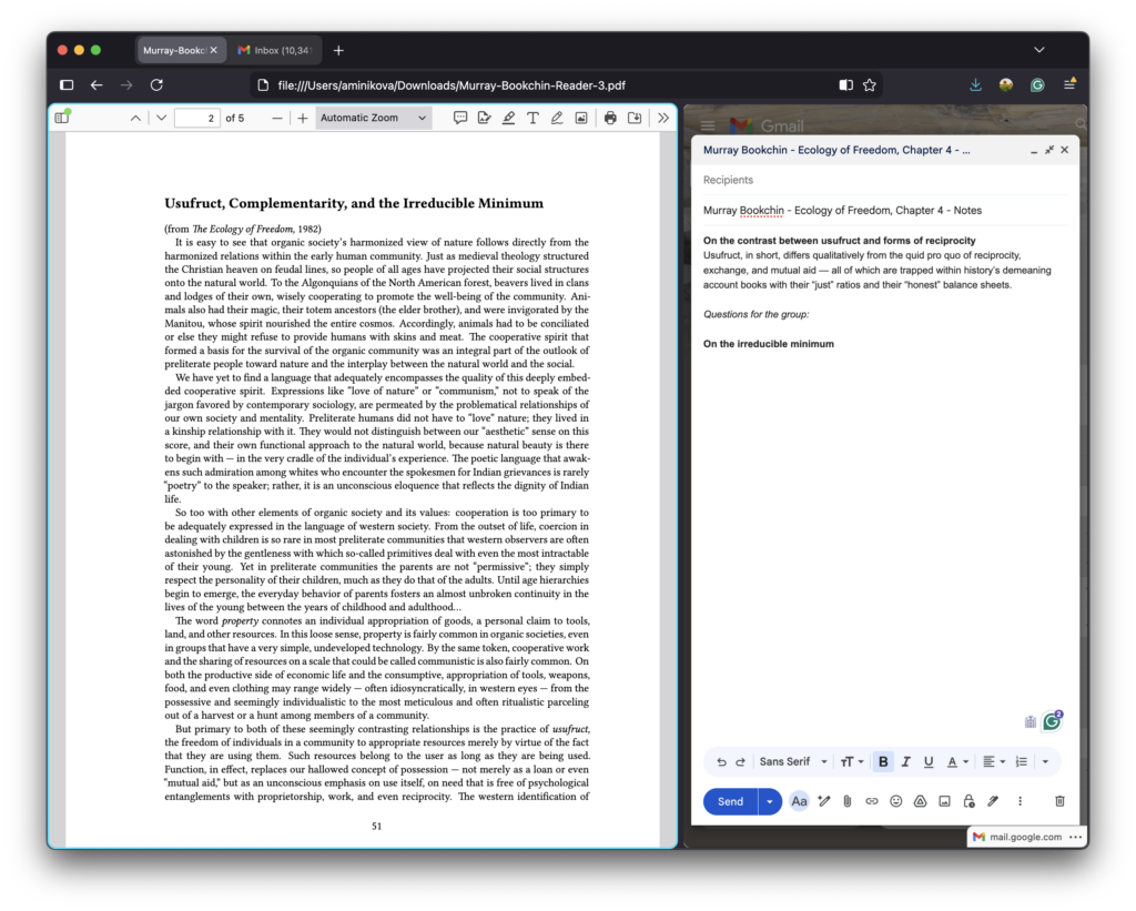Firefox split screen with PDF on the left and Gmail notes draft on the right for research and writing.