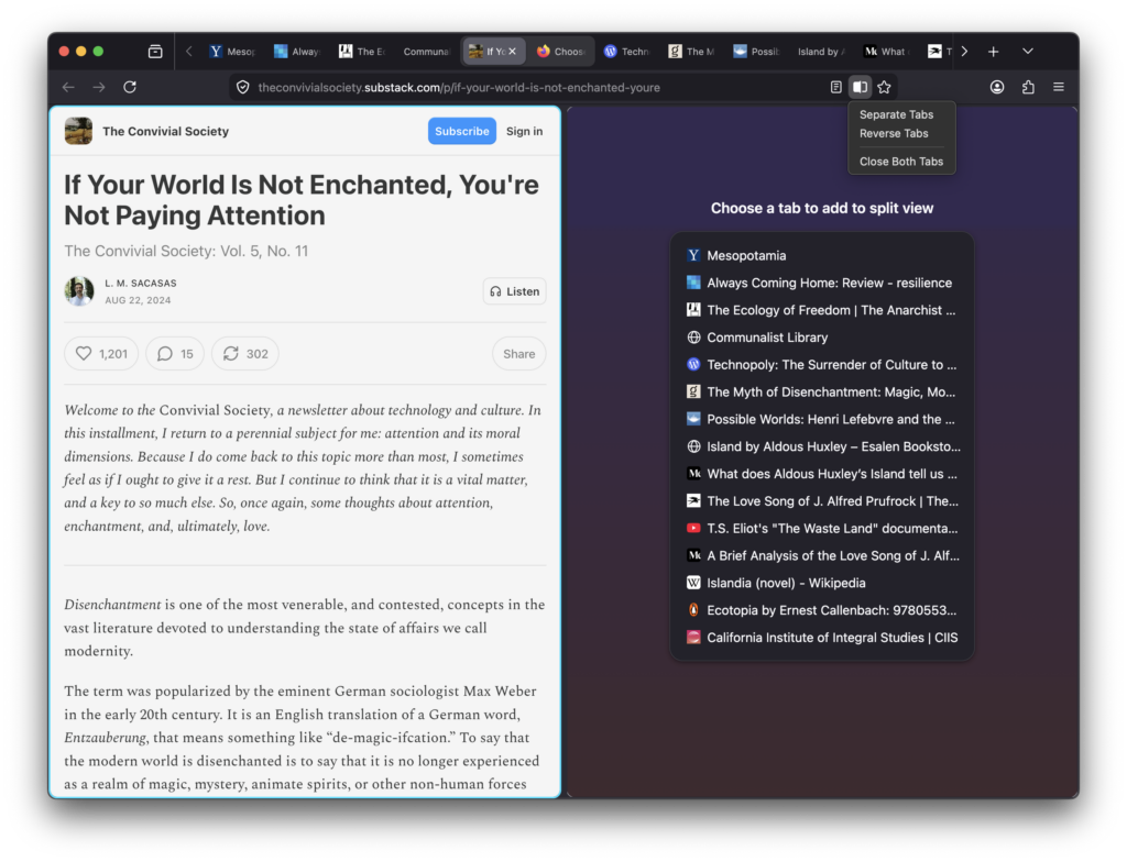 Firefox split view feature that shows two tabs side by side with tab selection menu in dark mode