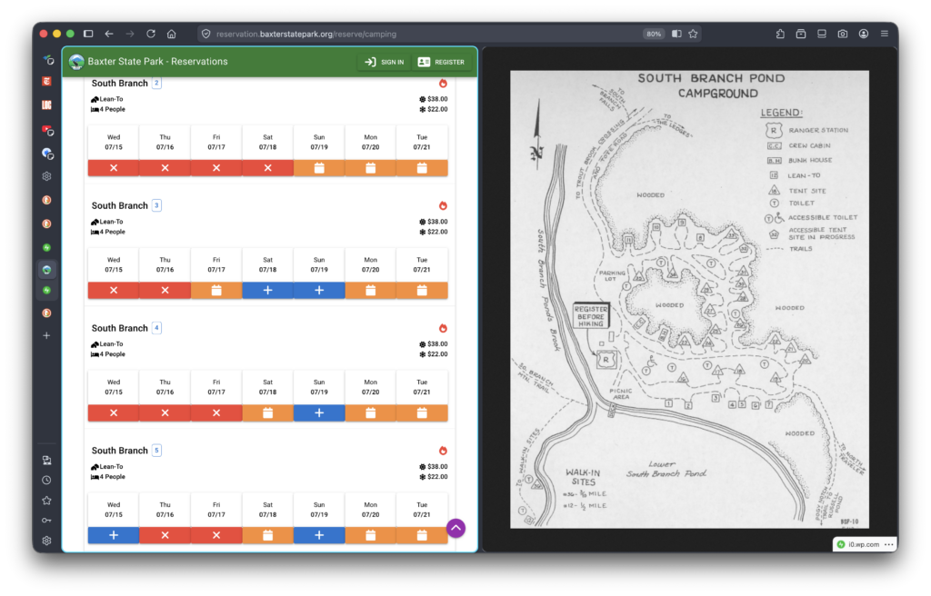 Firefox split screen comparing campsite reservations with map to plan a trip.