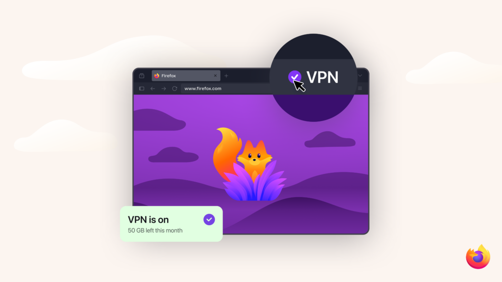 A Firefox browser window displays a fox illustration with a visible VPN status indicator showing