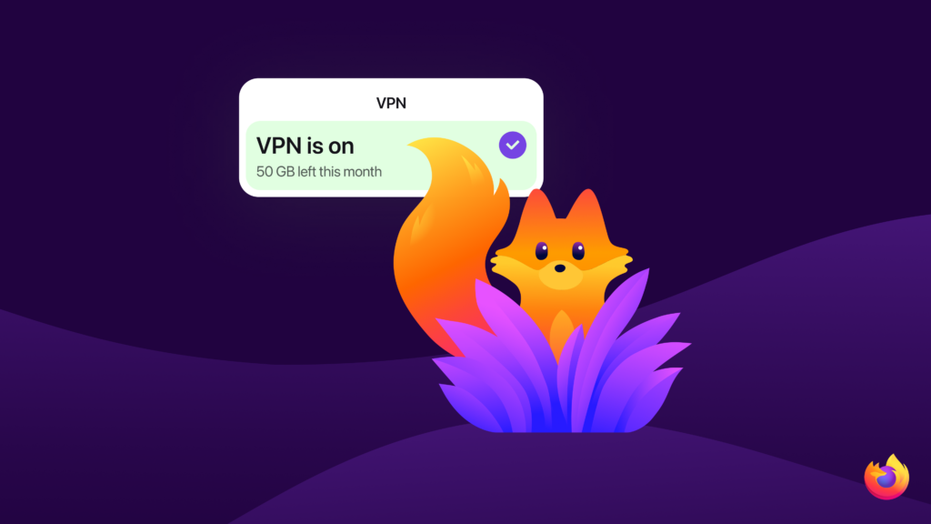 A Firefox browser window displays a fox illustration with a visible VPN status indicator showing