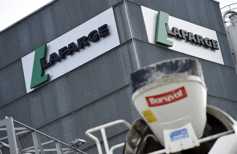 A photo shows the logo on a plant of the French cement company Lafarge on April 7, 2014 in Paris.