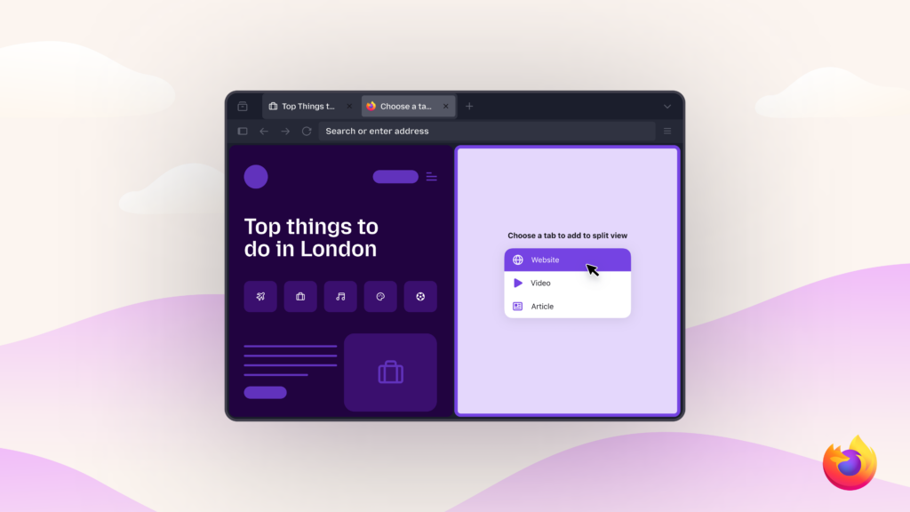 Firefox split view showing London travel page and tab selection menu to add website, video or article.