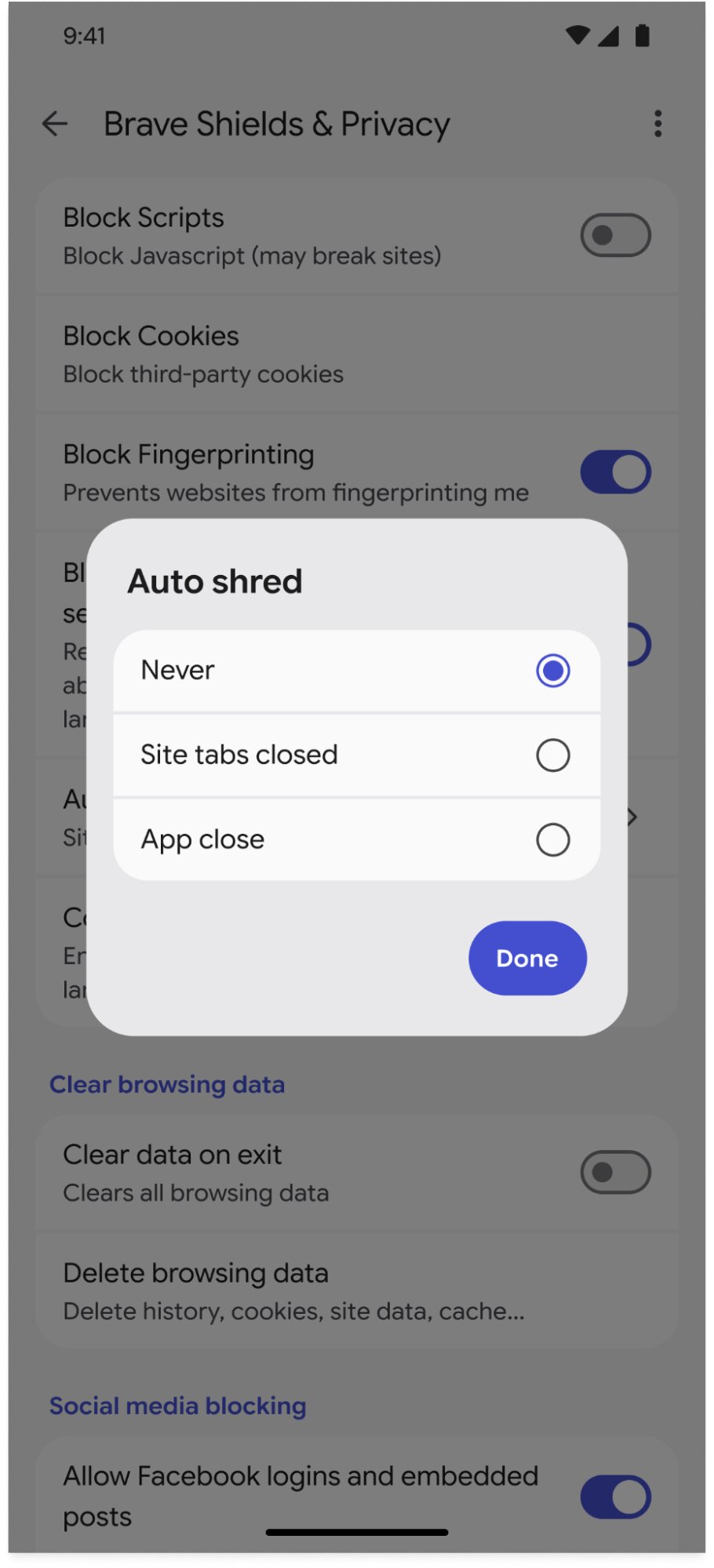 Auto Shred configured to 'never' for All sites