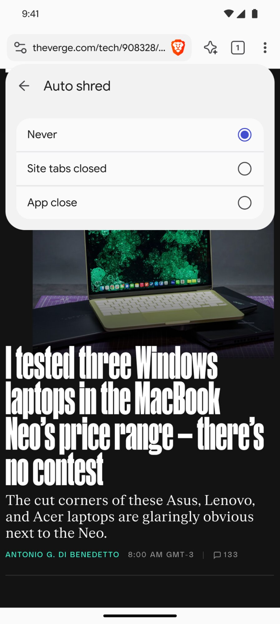 Auto Shred set to 'never'