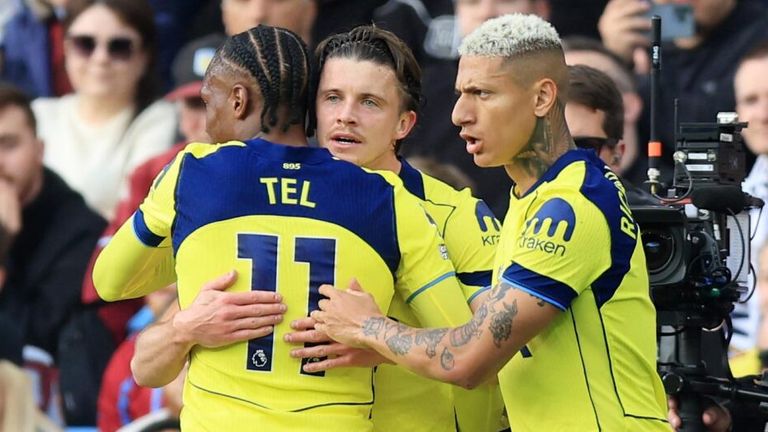 Conor Gallagher is congratulated by his teammates after giving Spurs a first-half lead at Villa Park.