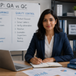 Generate an image of a lady (Realistic details) for Quality Management in PMP: QA vs QC
