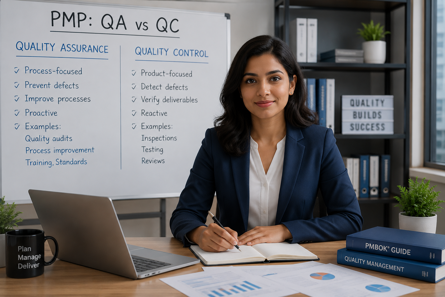 Generate an image of a lady (Realistic details) for Quality Management in PMP: QA vs QC