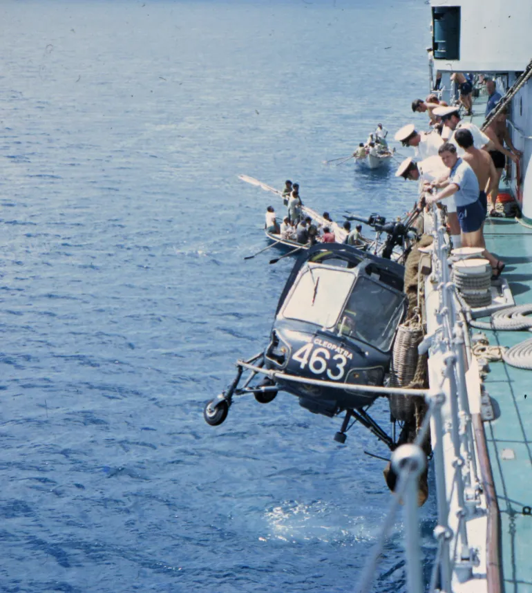 HMS Cleopatra's Wasp helicopter, No.463, suffered an engine failure at high altitude during the blockade on the Port du Beira in 1971. A crash landing took place at sea and the aircraft was recovered. (File image.) 